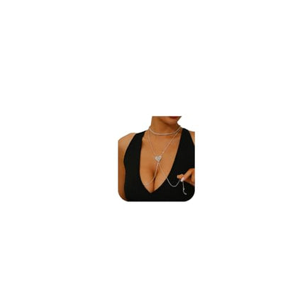 Sexy Rhinestone Heart Bra Body Chain Necklace Festival Rave Crystal Non Piercing Nipple Chain Jewelry Bikini Lingerie Nipple Body Jewelry for Women Party - color: Silver