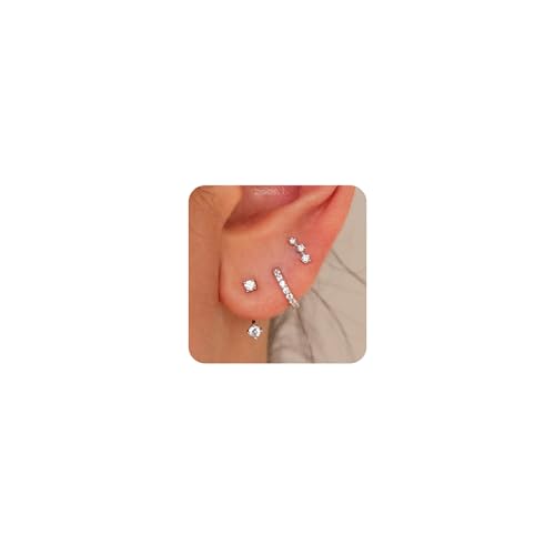 3 Pairs Mini Hoop Earrings Set Turquoise Cubic Zirconia Huggie Hoop Cartilage Earring Ear Cuff for Women (Turquoise/CZ) - color: Style A-Silver