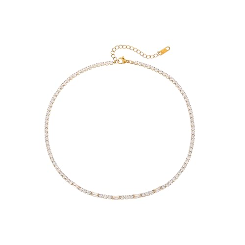Tennis Necklaces for Women 18K Gold Plated White Red Green Blue Cubic Zirconia Necklaces Dainty Rhinestone Choker Necklaces Trendy Faux Diamond Tennis Chain 3mm - color: White Tennis Choker-Gold