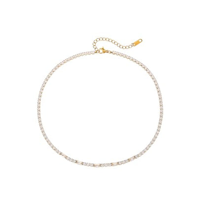 Tennis Necklaces for Women 18K Gold Plated White Red Green Blue Cubic Zirconia Necklaces Dainty Rhinestone Choker Necklaces Trendy Faux Diamond Tennis Chain 3mm - color: White Tennis Choker-Gold