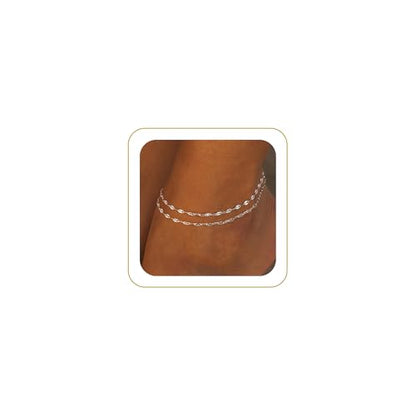 Tewiky Sterling Silver Plated Ankle Bracelets for Women,Dainty Layered Waterproof Anklet for Women Adjustable Sparkly Herringbone Beaded Rope Chain Set Stackable Cute Summer Beach Jewelry Gift - color: silver3