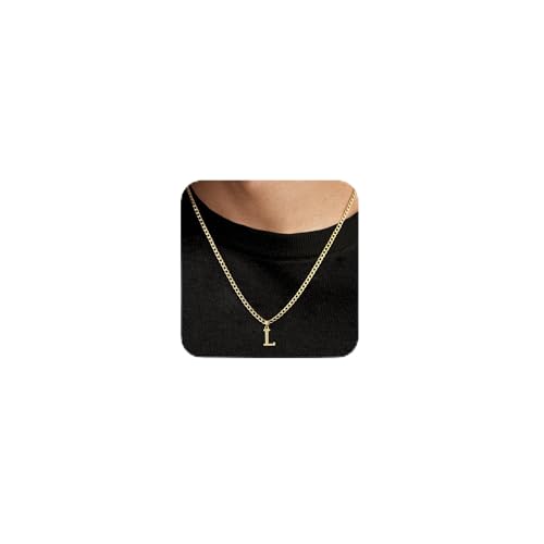 Gold Plated Initial Necklace for Men Letter Pendant Cuban Link Chain | Stainless Steel 4mm 20 Inch Chain Non Tarnish 14K A-Z Capital Name Charm Custom Jewelry Gift - color: L