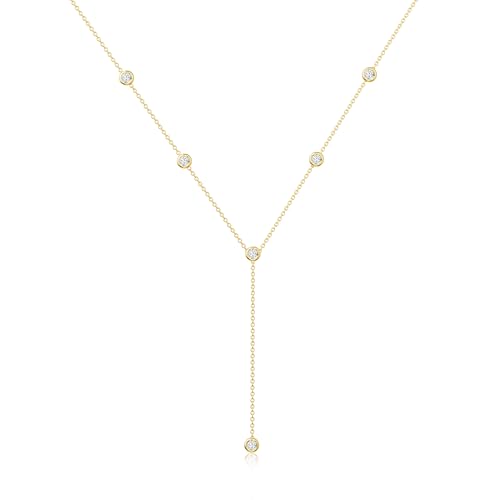 Foxgirl Lariat Gold Necklace for Women, Dainty Long Necklace 14k Gold Plated/Silver Y-Shaped Pendant Necklace Trendy Layered Cz Beaded Chain Drop Necklaces Simple Gold Jewelry For Women Gift | Layered Beaded Drop Design, Long Y-Shaped Chain for Wedding or