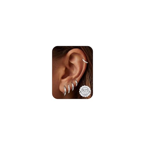 Tungary Small Gold Hoop Earrings for Women Huggie CZ Hoops Earring Stacks | Hypoallergenic Earing Hoops for Sensitive Ears, Earrings Stack Set for Cartilage, Secure Clasp, Silver/Black/14K Gold Plated - color: Silver-Sterling Silver Post