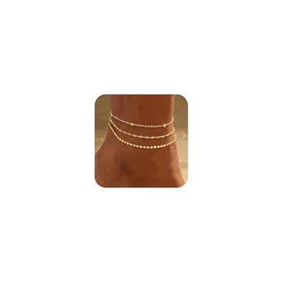 Gold Ankle Bracelets for women,14k Gold/Silver Plated Waterproof Layered lightweight Bow Beaded Twisted Chain Cross Butterfly Satellite Ankle Bracelets Set Gold Anklets for women Trendy Summer Beach Jewelry Gift for Women - style: 3 anklets twisted satell