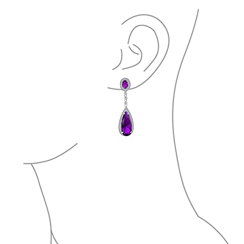 Long Cocktail CZ Halo Teardrop Chandelier Clip On Earrings Silver Plated - color: Purple