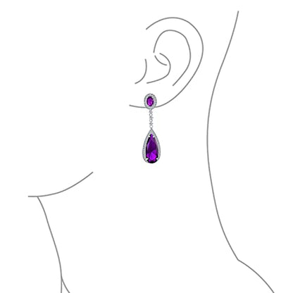 Long Cocktail CZ Halo Teardrop Chandelier Clip On Earrings Silver Plated - color: Purple