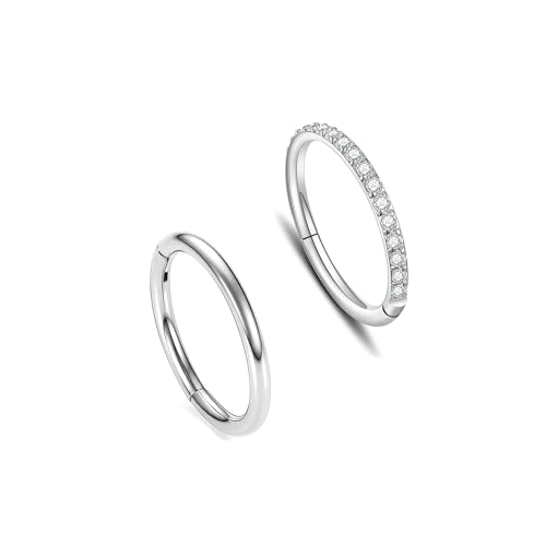 MissNity 316L Surgical Steel Hinged Nose Rings Hoop 20G 18G 16G 14G, Diameter 6mm to 10mm, Color Gold - Rose Gold - Silver - Black - Rainbow - color: D31: Silver & clear cz - 2pcs