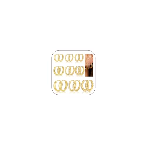 9 Pairs Gold Huggie Hoop Earrings Sets for Women, 14K Gold Plated Small Hoop Earring Sets for Multiple Piercing, Hypoallergenic Thick Lightweight Earring for Womens Jewelry Gifts - color: GoldB-9 pairs hoop earrings