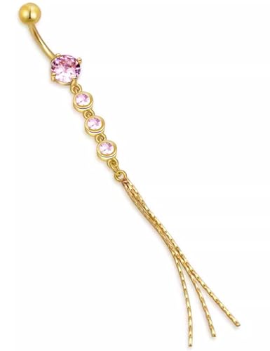 JAJAFOOK Surgical Steel Cubic Zirconia Long Dangle Navel Ring Sexy Body Piercing Belly Button - color: Pink