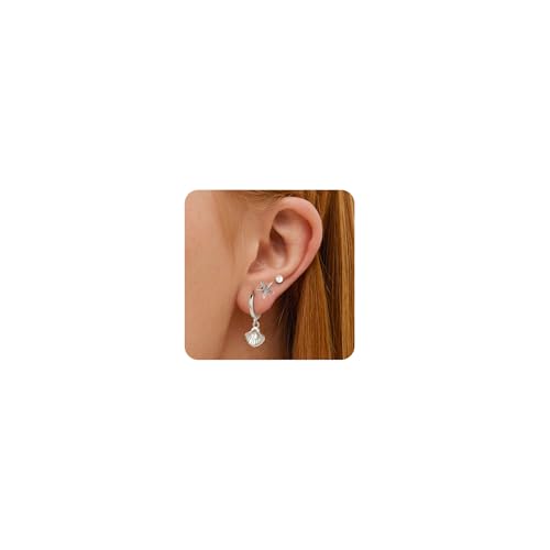 14K Gold Hoop Dangle Stud Earrings Surgical Steel Helix Piercing | Hypoallergenic,Cubic Zirconia,3 Pairs Huggie Hoop Set for Women,Dangle Stud,Cartilage Tragus Conch Earring,Jewelry Gift - color: L2-Silver Shell & Pearl Earrings