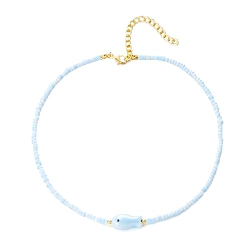 Seed Bead Choker Necklace for Women Bohemian Tiny Beads Choker Colorful Rice Bead Starfish Choker Summer Surfer Beach Necklace Jewelry Gift - color: E-Light Blue Fish