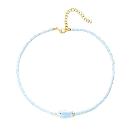 Seed Bead Choker Necklace for Women Bohemian Tiny Beads Choker Colorful Rice Bead Starfish Choker Summer Surfer Beach Necklace Jewelry Gift - color: E-Light Blue Fish
