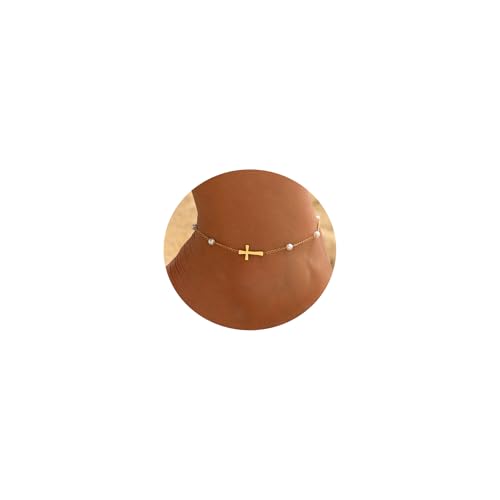 Ankle Bracelets for Women, 18K Gold Plated Dainty Waterproof Cross Anklets, Pearl Beaded Link Chain Anklet for Women Non Tarnish, Summer Beach Foot Jewelry, Christmas Gifts - color: Pearl Cross-Gold