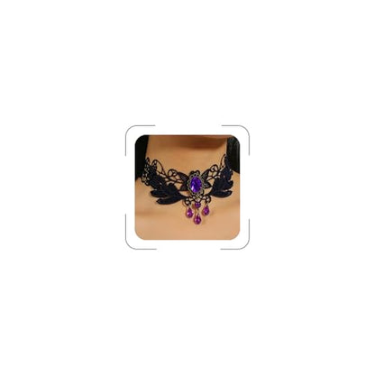 Goth Black Choker Necklace Crystal Bead Pendant Necklace for Women Gothic Velvet Lace Choker Halloween Vampire Witch Cosplay - color: A-Black and Purple