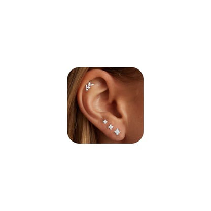 Stud Earring for Women, 14K Gold Silver Plated Hypoallergenic Studs Set | Trendy Cartilage Tragus Helix Clover Flower Earring Stack for Multiple Piercing, Dainty Cute Small Jewelry Gift, Non Tarnish - style: SL-Flower/Branch-4 Pairs