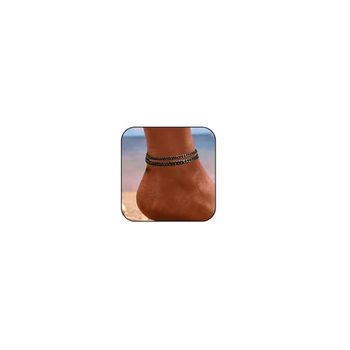 Silver Ankle Bracelets for Women Waterproof Stainless Steel Anklet Adjustable Layered Cuban Silver Anklets Set Summer Beach Foot Jewelry Gift - color: Cuban black