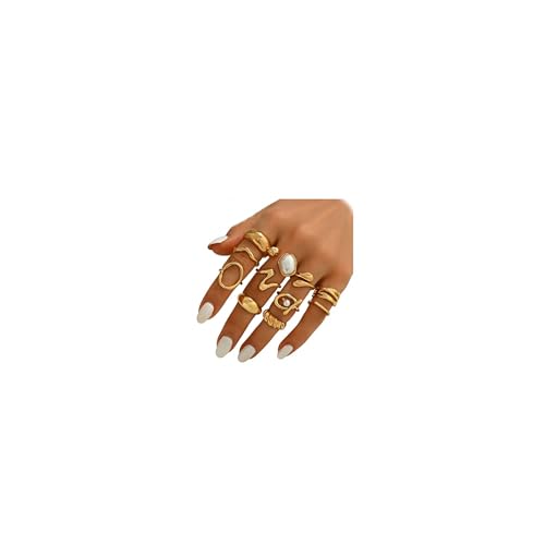 Chunky Gold Rings for Women Non Tarnish, Baroque Pearl Flower Tiger's Eye Stone Rings Adjustable Stacking Statement Rings Set Fashion Jewelry Gifts - style: Small Pearl