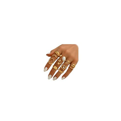 Chunky Gold Rings for Women Non Tarnish, Baroque Pearl Flower Tiger's Eye Stone Rings Adjustable Stacking Statement Rings Set Fashion Jewelry Gifts - style: Small Pearl