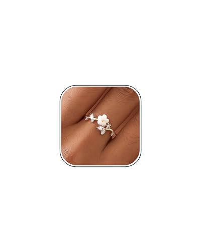 Rings for Women Non Tarnish, 14K Gold Plated Open Pearl Flower Band Adjustable Cubic Zirconia Rings for Women - color: Gold