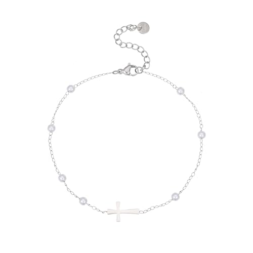 Dainty Cross Ankle Bracelets for Women 18K Gold Plated Tiny Pearl Colorful Beads Beach Summer Simple Foot Jewelry Anklets for Jewelry Gift - style: Multi Pearls Cross-WG
