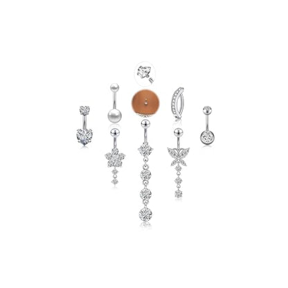 14G Belly Button Rings Silver Gold Pink Stainless Steel Belly Rings Cubic Zirconia Belly Button Piercings Navel Piercings Set Pool Party Accessories for Women