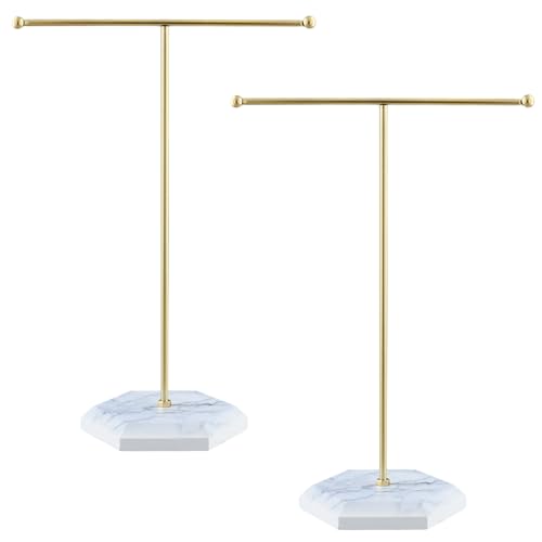 QWORK Jewelry Stand Display Necklace Holder with Electroplated Metal & White Marble Plywood Base - 2 Pack Durable & Stylish Organizer for Stores and Home Use