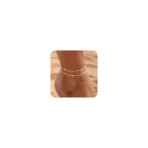 Warshion Ankle Bracelets for Women - 14K Gold Plated Waterproof Gold Anklet Delicate Chain Women's Anklets Summer Beach Pearl Jewelry Layering Gift Non Tarnish - color: ANKLETS-B-GD