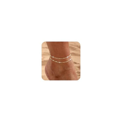Warshion Ankle Bracelets for Women - 14K Gold Plated Waterproof Gold Anklet Delicate Chain Women's Anklets Summer Beach Pearl Jewelry Layering Gift Non Tarnish - color: ANKLETS-B-GD