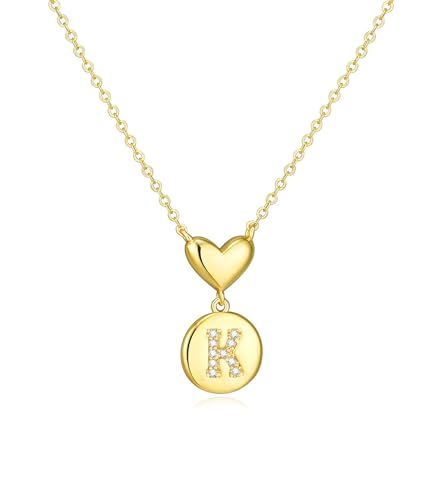 Howoo 14K Gold Plated Initial Necklace for Women Heart Necklace for Women Round Zircon Letter Pendant Plated Adjustable Necklaces Birthday Galentines Valentine Gifts Jewelry - color: K, style: style 1