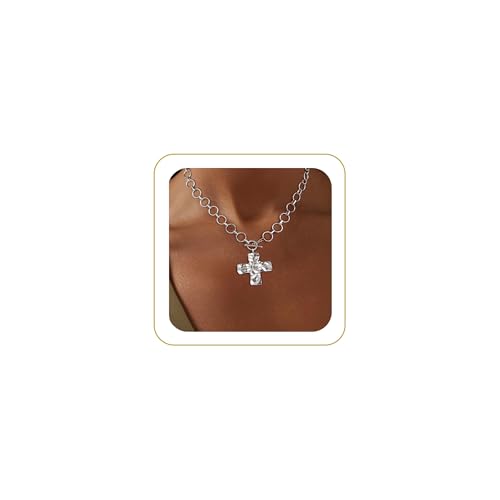 Carffordo Gold Cross Necklaces for Women, Chunky 14K Gold Plated Necklace | Statement Cross Pendant Necklace with Toggle Clasp, Hypoallergenic Waterproof Bold Chain, Trendy Charm Jewelry Gift for Her - color: silver cross