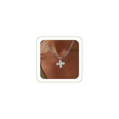 Carffordo Gold Cross Necklaces for Women, Chunky 14K Gold Plated Necklace | Statement Cross Pendant Necklace with Toggle Clasp, Hypoallergenic Waterproof Bold Chain, Trendy Charm Jewelry Gift for Her - color: silver cross