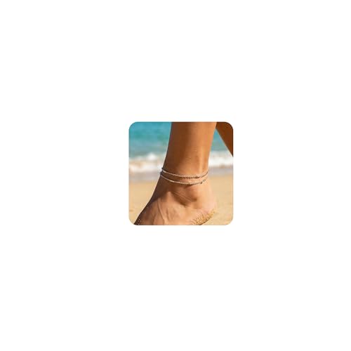 Pencros Dainty Layered Anklet,14K Gold Filled Cute Beads Satellite Chain Heart Boho Adjustable Anklets for Women - color: Layer Barlink Silver