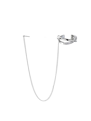 Long Chain Cuff Earrings Gold Silver Wrap Tassel Earrings Minimalist Cz Round Stud With Chain Cuff Double Piercing Jewelry Statement Fake Earrings for Women - color: style1-silver-1pcs