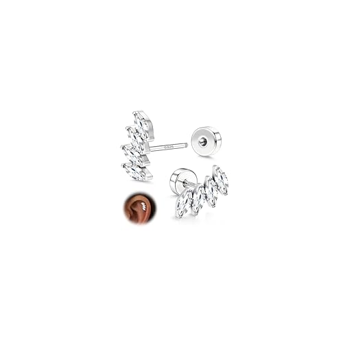 925 Sterling Silver Flat Back Stud Earrings for Women Hypoallergenic | 14K Gold Plated Cartilage Earrings for Sensitive Ears | Leaf Flower CZ Helix Tragus Piercing Jewelry - color: Silver-4cz