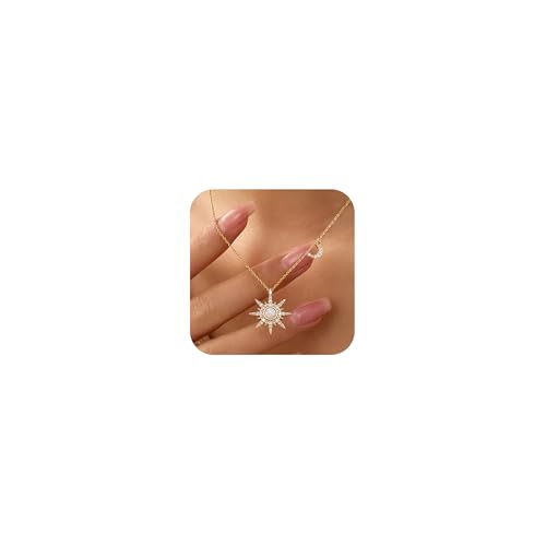 925 Sterling Silver North Star Pendant for Women 14K Gold Plated Starburst Opal Necklace North Star CZ Moon Sunburst Moonstone Choker Jewelry Gifts for Mom Daughter Friendship Birthday Graduation - color: Gold
