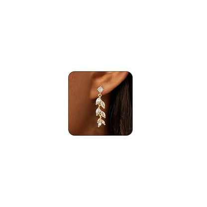 Lunvky 14K Gold Plated Dangle Earrings for Women Dainty Silver Drop Earring Trendy Long Dangling Wedding Bridesmaid Hoop Diamond Crystal Cute Earring Prom Jewelry Birthday Gifts - color: H-1 pair leaf gold