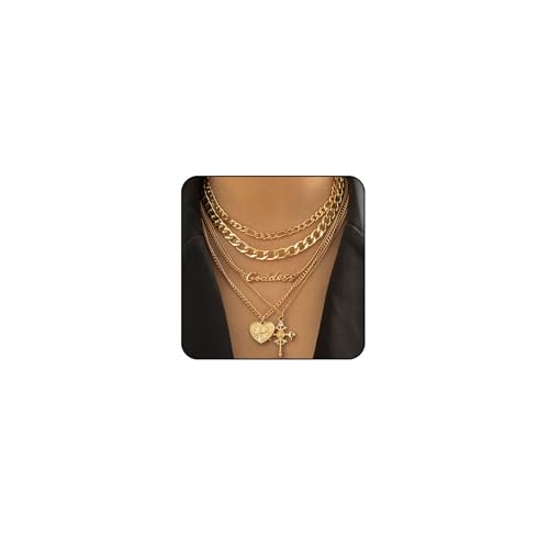 Chunky Gold Necklace Stack Layered Gold Necklaces for Women Non Tarnish Silver Statement Necklace Paperclip Chain Necklace Set Layering Big Heart Coin Cross Necklace Chunky Jewelry - style: 3 - gold with cross