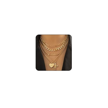 Chunky Gold Necklace Stack Layered Gold Necklaces for Women Non Tarnish Silver Statement Necklace Paperclip Chain Necklace Set Layering Big Heart Coin Cross Necklace Chunky Jewelry - style: 3 - gold with cross