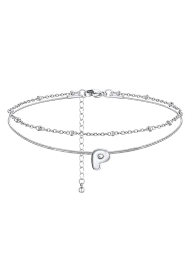 ChainsHouse Initial Ankle Bracelets for Women Waterproof, 14K Gold Plated Layered Initial Anklets Non Tarnish, Adjustable Stainless Steel Women's Ankle Summer Beach Foot Jewelry - color: Stainless Steel, size: Initial P