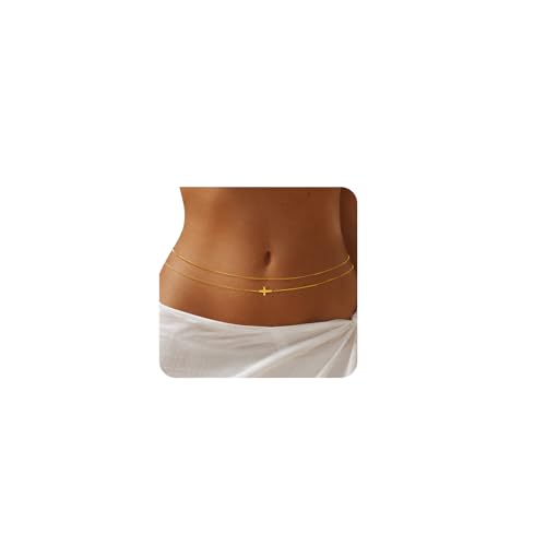 Cross Waist Chain, Women Layered Belly Chain, 2Pcs Minimalist Body chains for Causal Beach - color: Gold