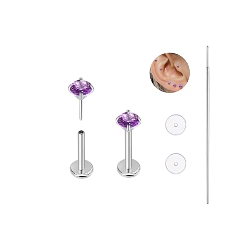 BelezaDosas G23 Titanium Labret Studs 16G Threadless Push-in Press Fit Lip Cluster Tragus Helix Lobe Conch Rook Medusa Cartilage Monroe Earring Push Back Piercing Jewelry - color: 18g6mm2.0 po pl