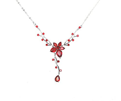 Faship Gorgeous CZ Crystal Floral Necklace Earrings Set - color: Red