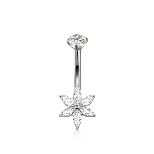 XUU Titanium Belly Button Rings 14G, Implant-Grade Navel Piercing, Luxury CZ Shape with Flower Butterfly, Hypoallergenic Curved Barbell Jewelry for Women, Gold or Silver - style: Flower-Silver