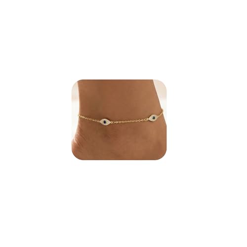 Dainty Anklets for Women, 14K Gold Plated & Sterling Silver Plated Ankle Bracelets, Adjustable, Waterproof & Hypoallergenic Summer Beach Foot Jewelry in Assorted Styles - style: Evil Eye Anklet Gold