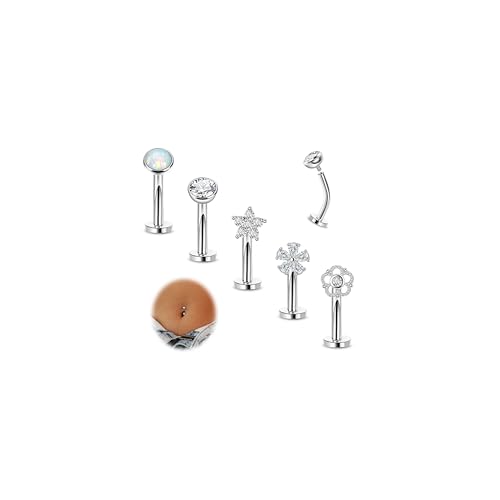 REVOLIA 5Pcs 14G Surgical Steel Floating Belly Button Rings for Women Flat Back Petite Belly Ring Opal Flower CZ Small Navel Rings Internally Threaded Belly Piercing Jewelry 8/10/12/14mm - color: silver