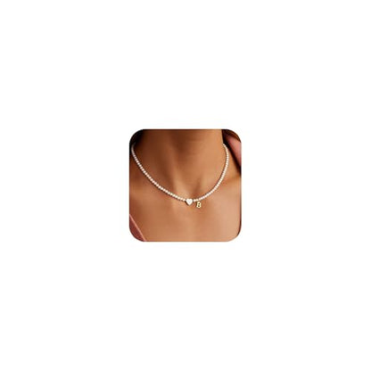 Turandoss Pearl Initial Necklaces for Women Trendy, Dainty 14K Gold Plated Heart Initial Pearl Pendent Necklace Bridesmaid Proposal Jewelry Personalized Gifts for Women Girls - color: B