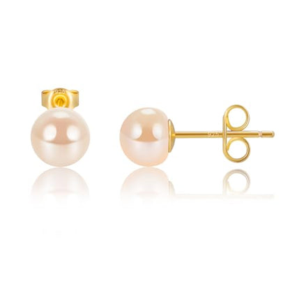 EAMTI Pearl Earrings for Women Trendy 18K Gold Plated Sterling Silver Freshwater Cultured Pearl Stud Earrings Hypoallergenic 5.5-9.5MM - color: Peach-pink, size: 6-6.5mm