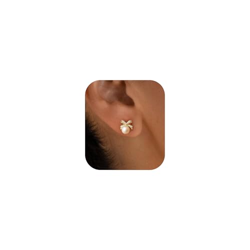 Stud Earrings for Women- 14K Gold/White Gold Plated/Black Bow Dragon Softball Snake Bat Stud Earrings - color: Bow Pearl