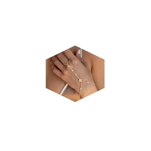 Mothers Day Gifts 14K Gold Plated Hand Chain Bracelet for Women, Stackable Gold/Silver Finger Ring Bracelet Hand Chain Dainty Non Tarnish Waterproof CZ Satellite Bead Link Adjustable Jewelry - color: Gold-Style 7